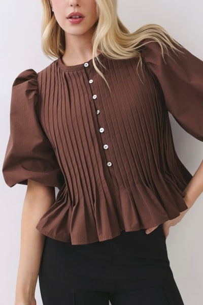 Pintuck Puff Sleeve Peplum Blouse