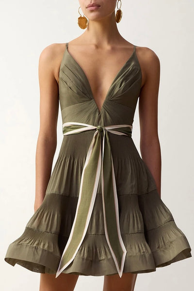 V Neck Pleated Mini