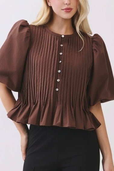 Pintuck Puff Sleeve Peplum Blouse