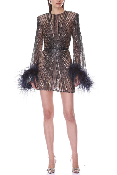 Long Sleeve Embellished Mini Dress w Feather