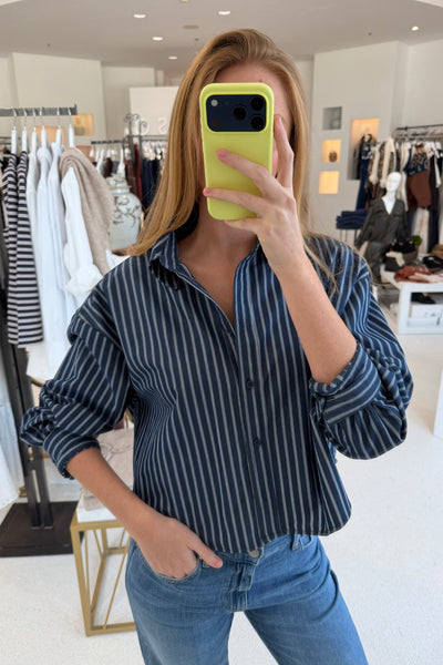 Striped Button Up Crop Shirt Navy