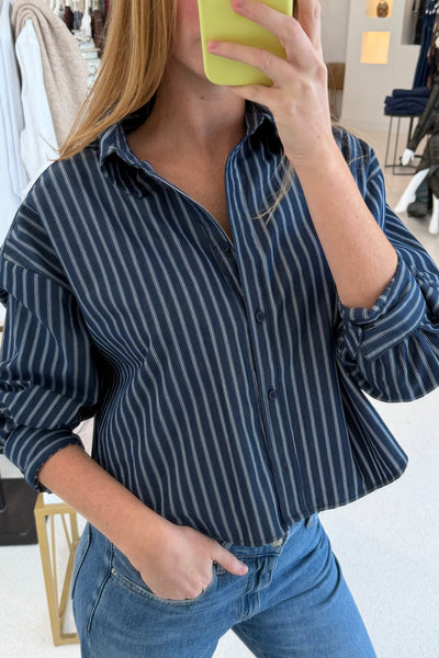 Striped Button Up Crop Shirt Navy