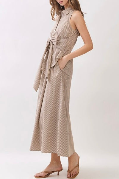 Tie Waist Stripe Maxi Dress (Brown)