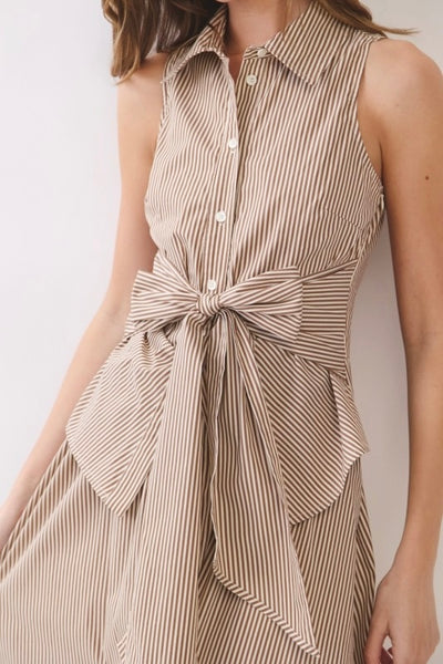 Tie Waist Stripe Maxi Dress (Brown)