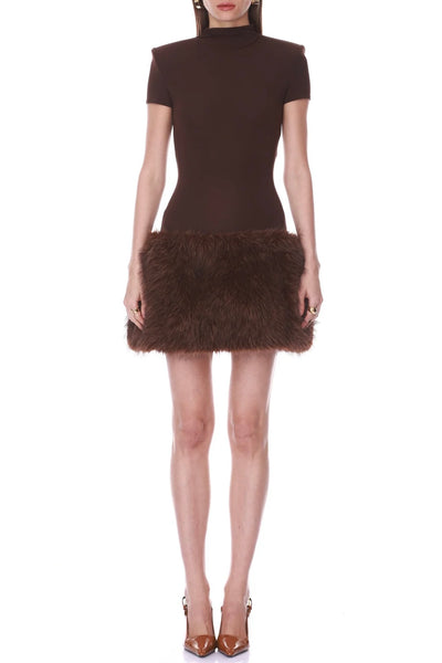 Short Sleeve Mini Dress W Faux Fur