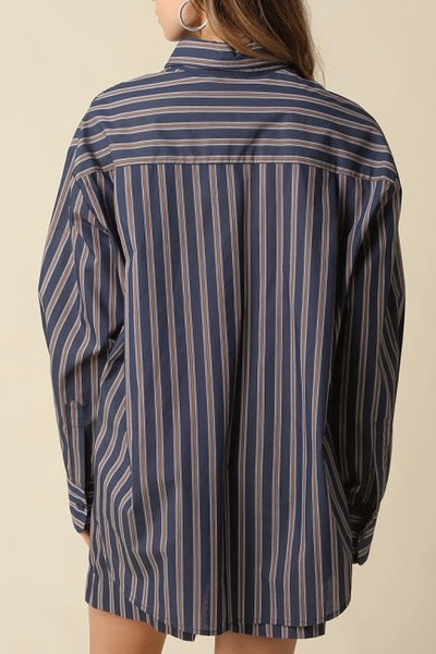 Hunter Stripe Oversized Shirt Navy/Brown