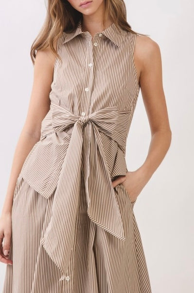 Tie Waist Stripe Maxi Dress (Brown)
