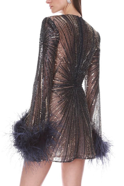 Long Sleeve Embellished Mini Dress w Feather