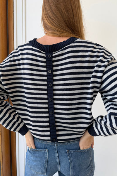 Stripe Relaxed Back Button Sweater