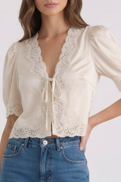 Satin Lace Up Puff Sleeve Blouse