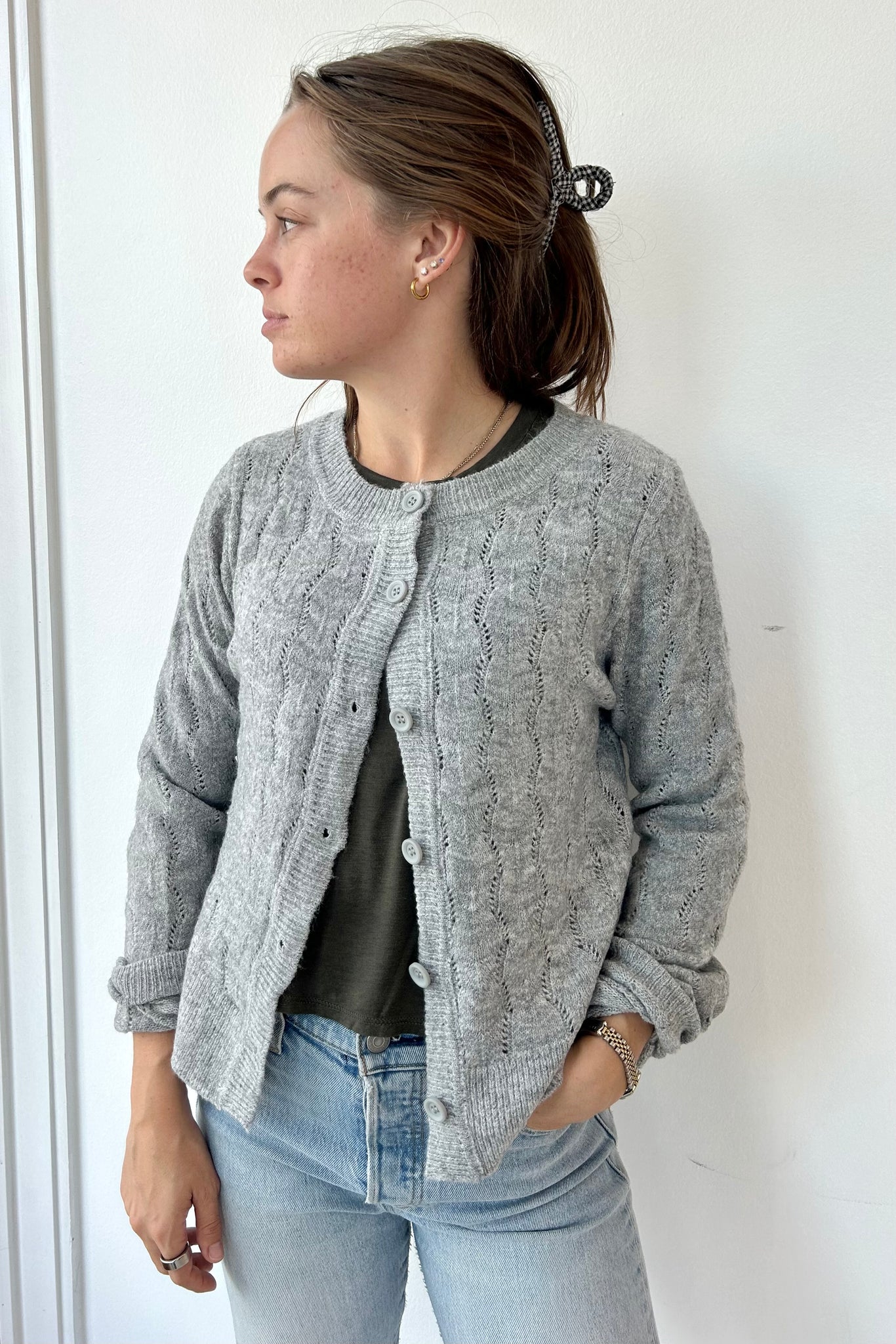 Crochet Knit Cardigan Grey