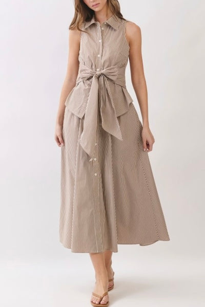 Tie Waist Stripe Maxi Dress (Brown)