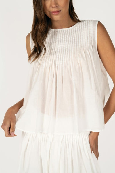Pintuck Yoke Sleeveless Top (White)