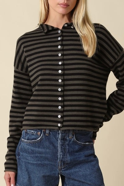 Striped Knit Cardigan Olive/Black