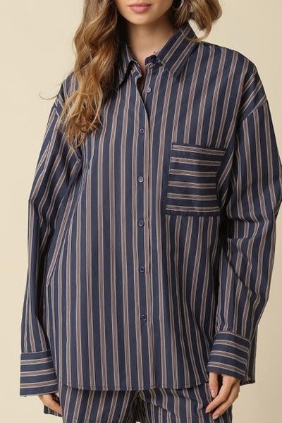Hunter Stripe Oversized Shirt Navy/Brown
