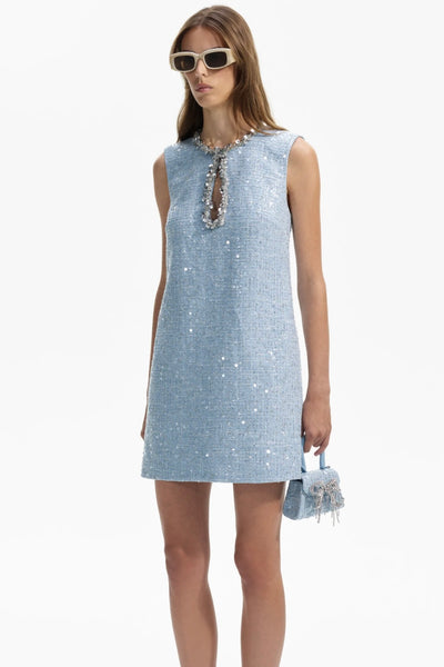 Blue Sequin Boucle Mini Dress