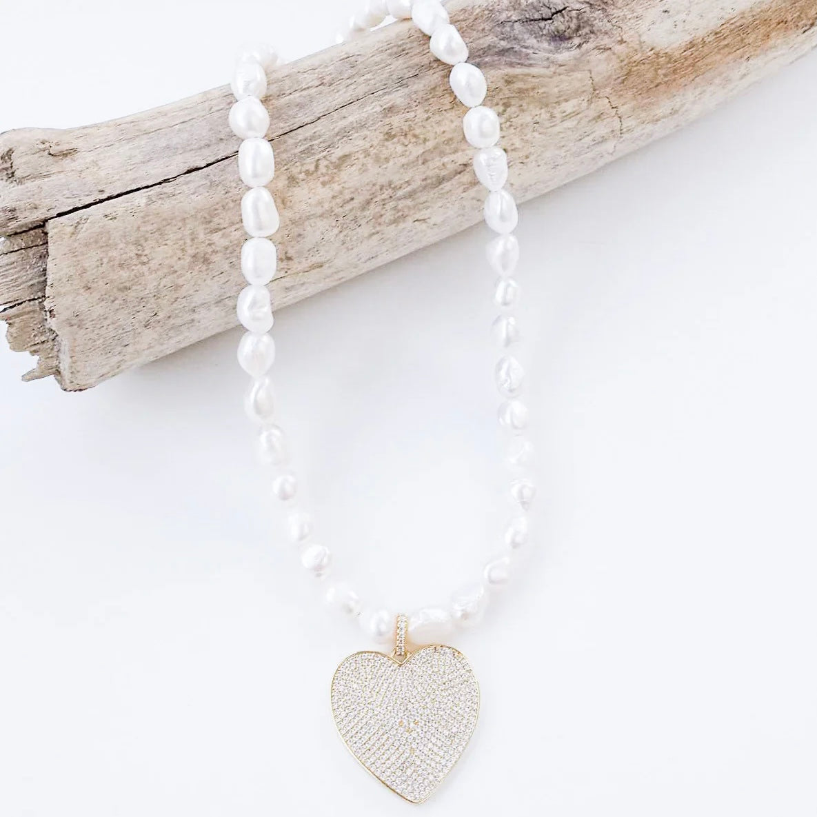 LUXE Pave Heart Pendant on Freshwater Pearls