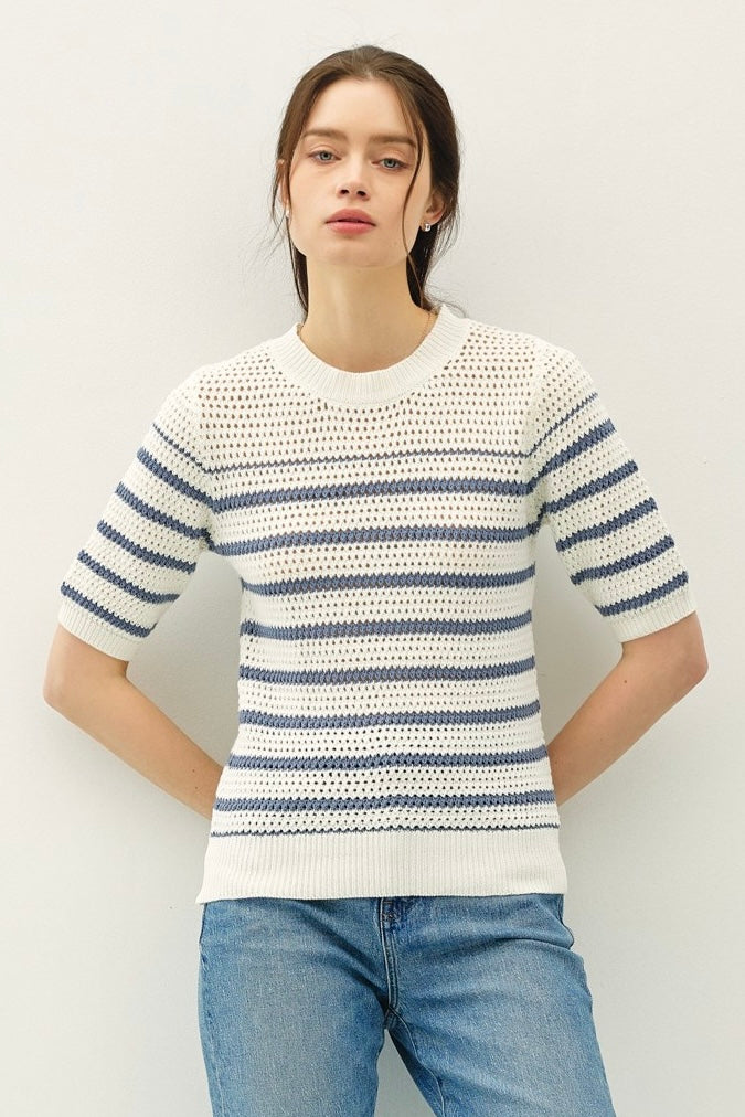 Crochet Knit Striped Sweater Top