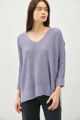 V-Neck Roll Cuff Sweater (Blue)