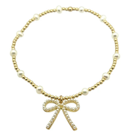 Gold Filled Bead & Pearl Bracelet W/ Bow