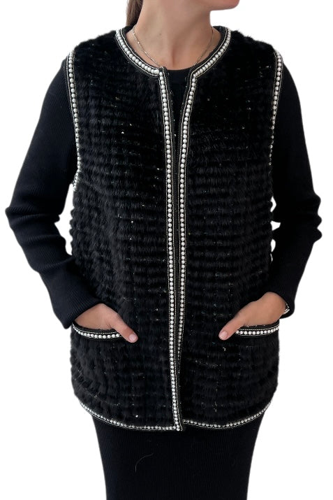 Tweed Mink Pearl Vest Black