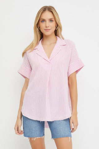 Stripe Gauze Polo Shirt Pink