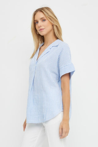Stripe Gauze Polo Shirt Blue