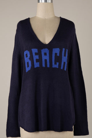 "BEACH" V-Neck Knit Sweater Navy