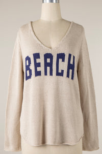 "BEACH" V-Neck Knit Sweater Beige