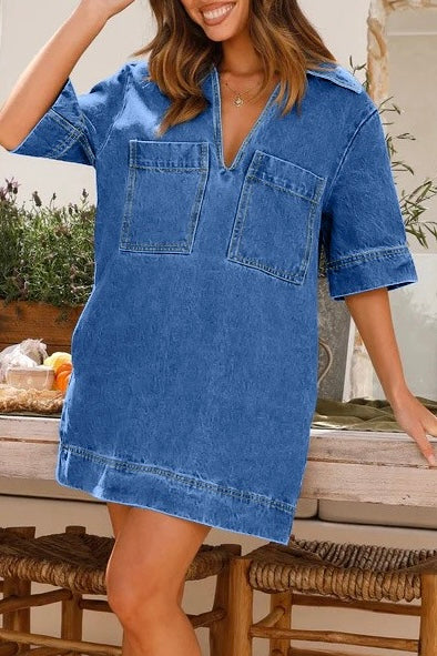 Denim V-Neck Mini Dress