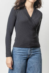 Shawl Collar Faux Wrap Top Black