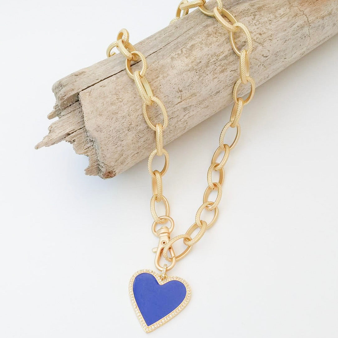 20" Etched Chain W/ Enamel Heart Blue