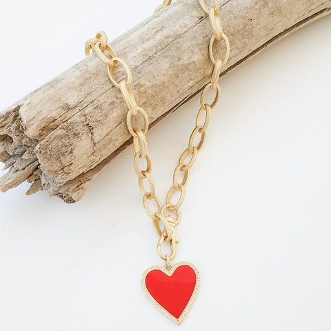 20" Etched Chain W/ Enamel Heart Red