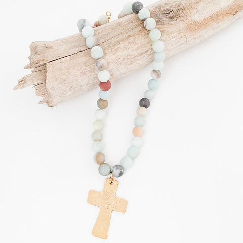 10mm Gemstone Necklace W/Cross