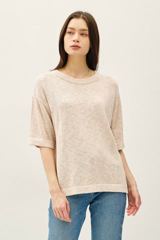 S/S Cotton Slub Sweater Top (Beige)