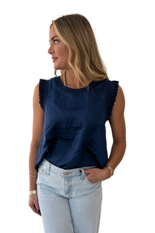 Ribbed Ruffle Satin Top Navy