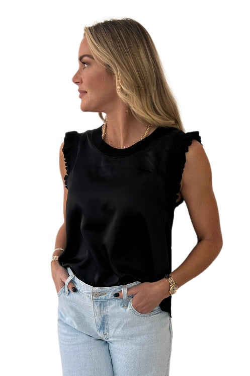 Ribbed Ruffle Satin Top Black