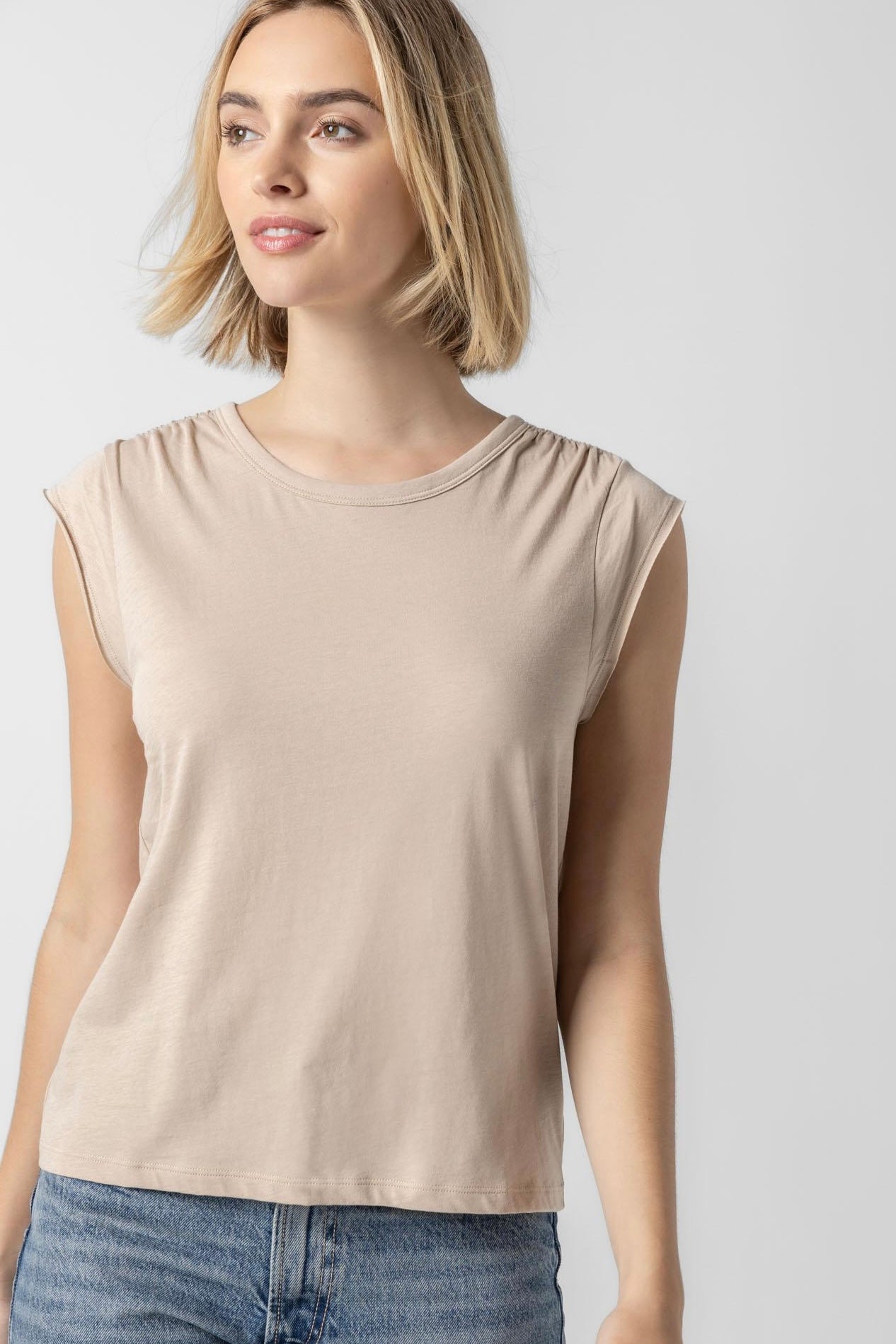Shirred Shoulder Tee (Flax)