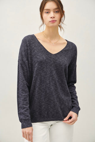 V-Neck Slub Sweater Charcoal Blue