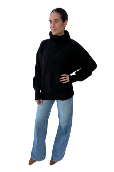 Fur Sleeve Turtleneck Sweater Black