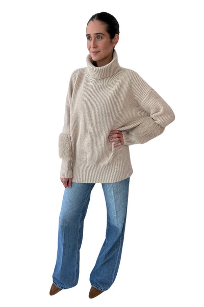 Fur Sleeve Turtleneck Sweater Sand