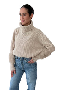 Fur Sleeve Turtleneck Sweater Sand
