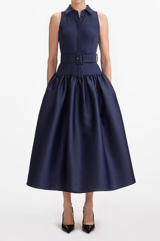 Navy Belted Twill Midi Dress