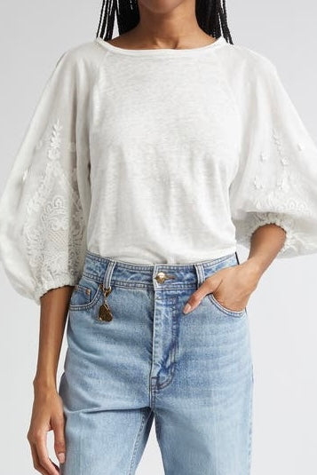 Lace Trim Lantern Sleeve Tee