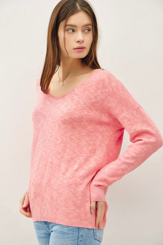 V-Neck Slub Sweater (Coral Pink)